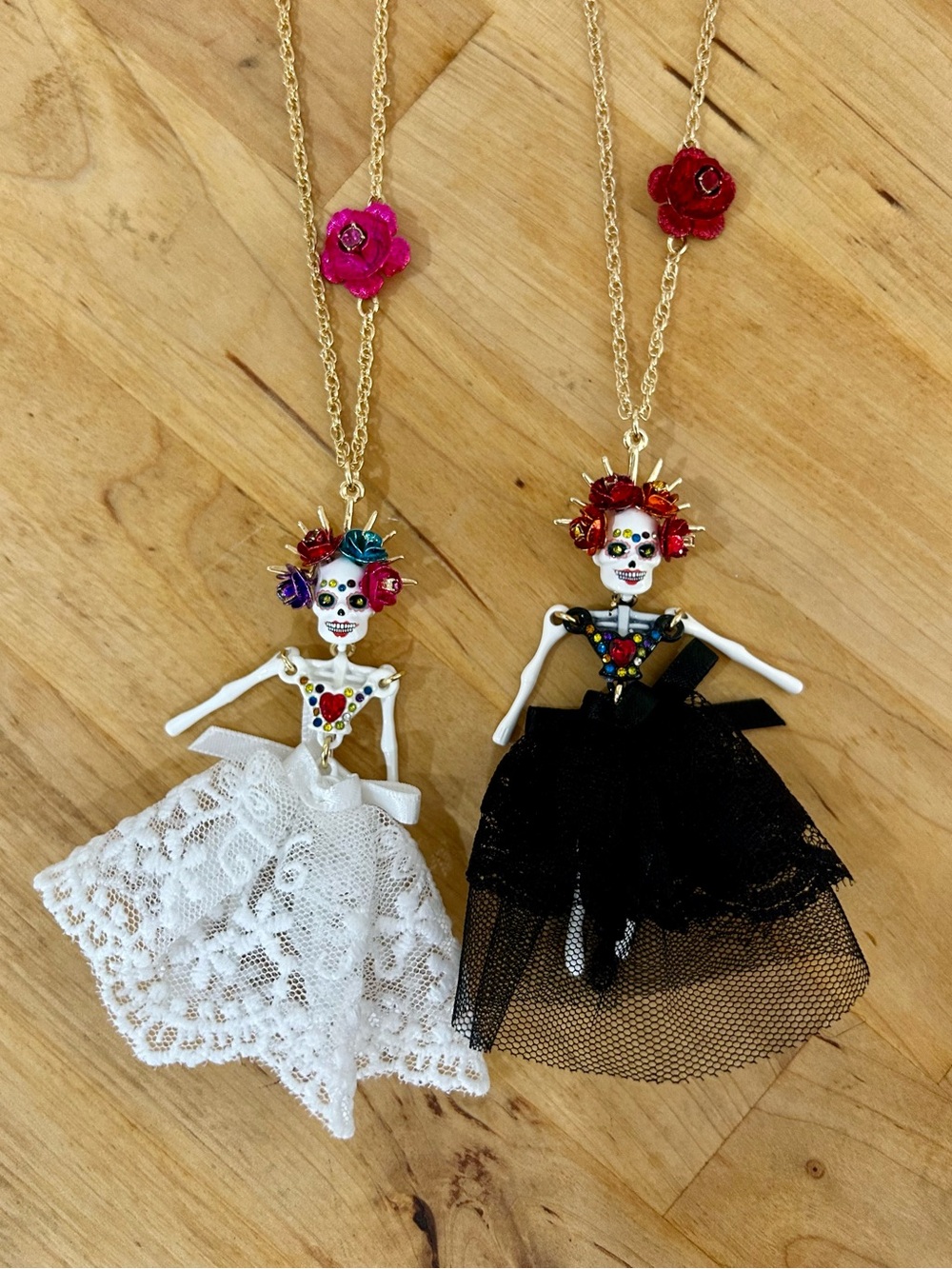 2 Betsey Johnson Sugar Skull Dark Bride & Rainbow Bride Pendant Long Necklaces